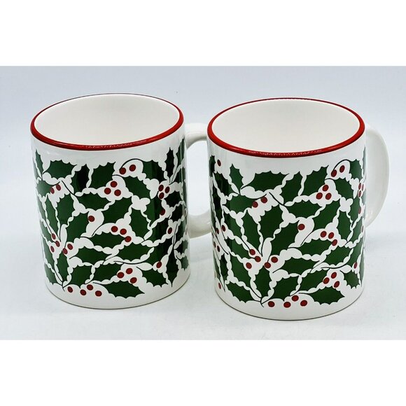 Waechtersbach SPAIN White Christmas Green Holly Red Berries Coffee Mug Lot of 2 - Picture 3 of 9